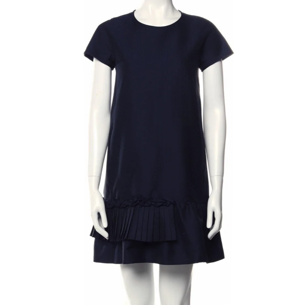 'S Max Mara short sleeve ruffle pleated jacquard Shift Dress in Navy blue - Picture 1 of 13